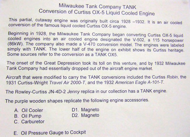 TANK (converted Curtiss OX-5 Liquid Cooled) Engine signage