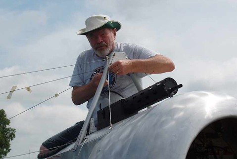 The late Ron Werner climbing on the Fokker E.IV