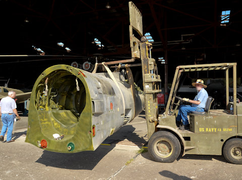 Empanage of F-86 being forklifted to aircraft body